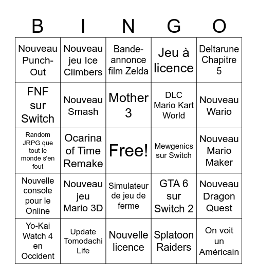 Nintendo Direct 9 juin Bingo Card