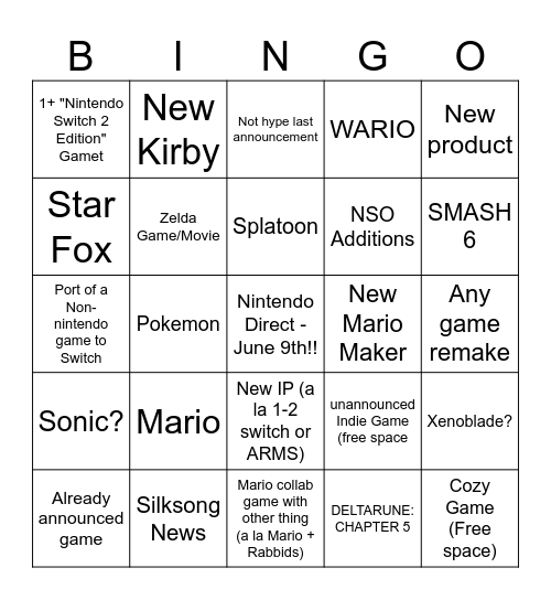 Ninetdo direc Bingo Card