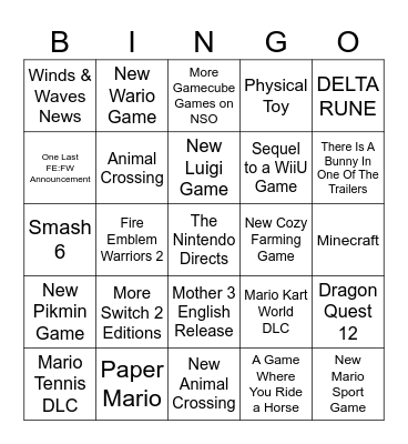 Marie's Nintendo Direct 6/9/26 Bingo Card