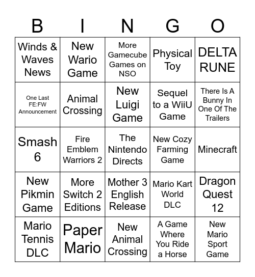 Marie's Nintendo Direct 6/9/26 Bingo Card