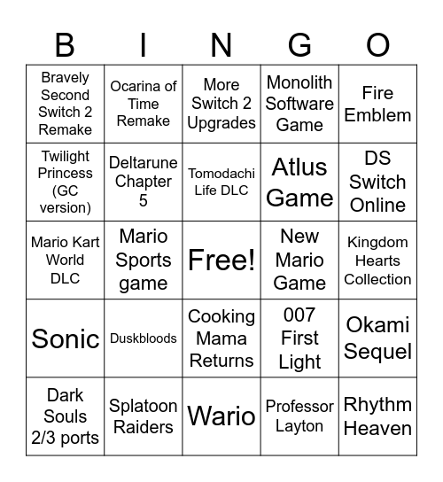 Nintendo Direct June 2026 Bingo Card