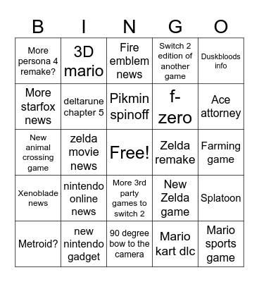 Nintendo Direct Bingo Card