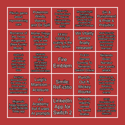 Nintendo Direct Predictions - June 9, 2026 Bingo Card