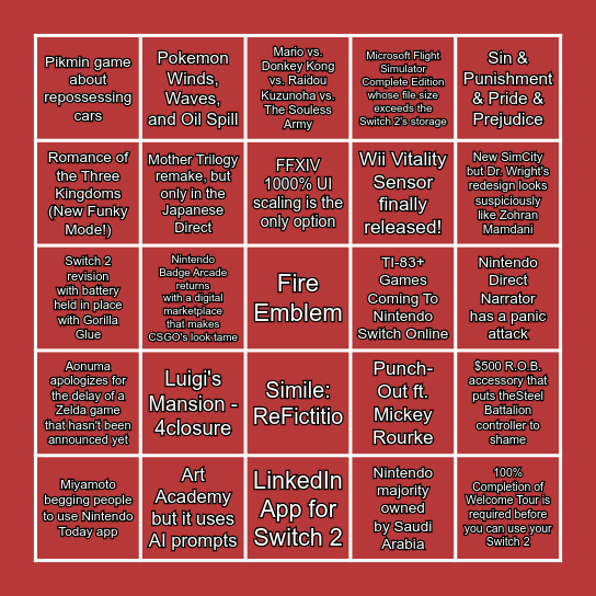 Nintendo Direct Predictions - June 9, 2026 Bingo Card