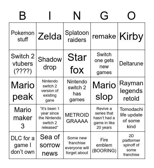 Nintendo direct bingo Card