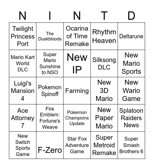 Nintendo Direct June 2026 Bingo Card