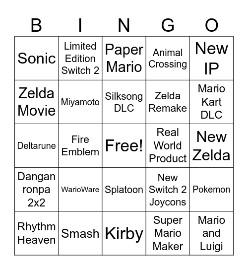 Nintendo Direct June 9th 2026 Bingo Card