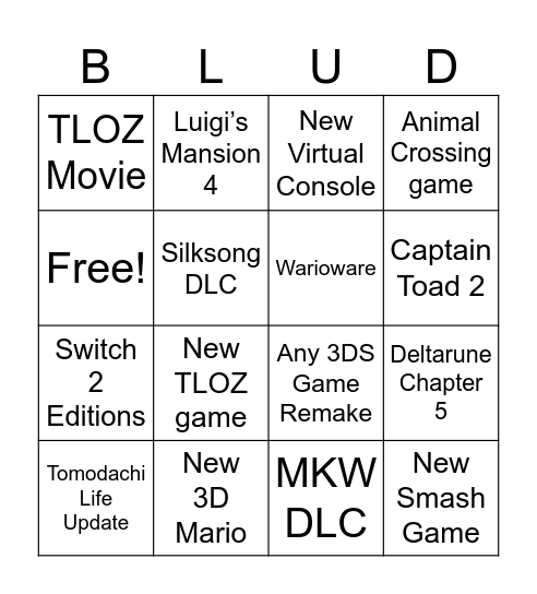 Nintendo Direct Bingo Card