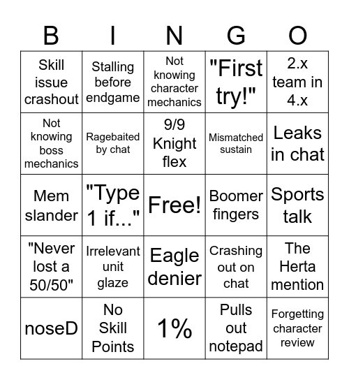 Nix Endgame Bingo Card