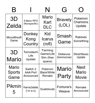 6/9 (nice) Nintendo Direct Bingo Card