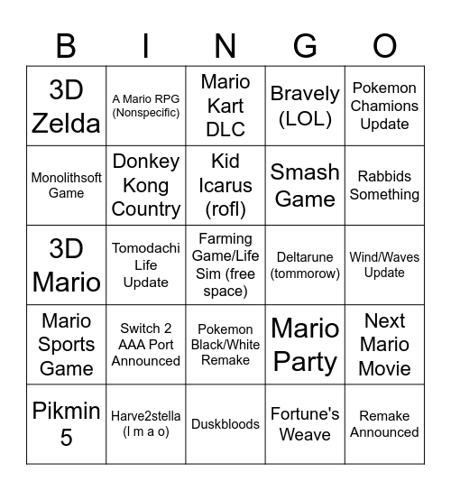 6/9 (nice) Nintendo Direct Bingo Card