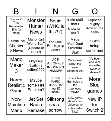 Nintendo Direct 69 Bingo Card