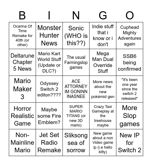 Nintendo Direct 69 Bingo Card