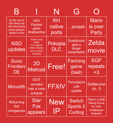 NINTENDO DIRECT 6/9/2026 Bingo Card