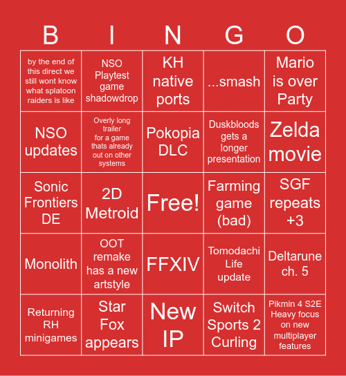 NINTENDO DIRECT 6/9/2026 Bingo Card