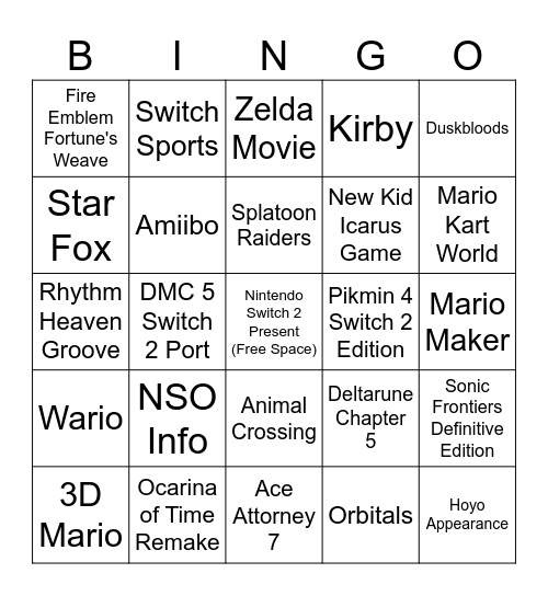 Nintendo June 2026 Direct Bingo Card