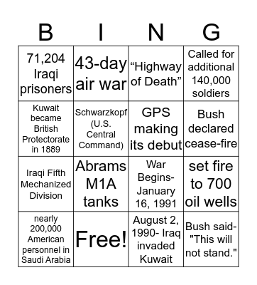 Desert Storm BINGO Card