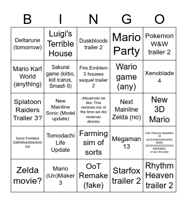 Nintendo Direct after 5 years Bingo Card