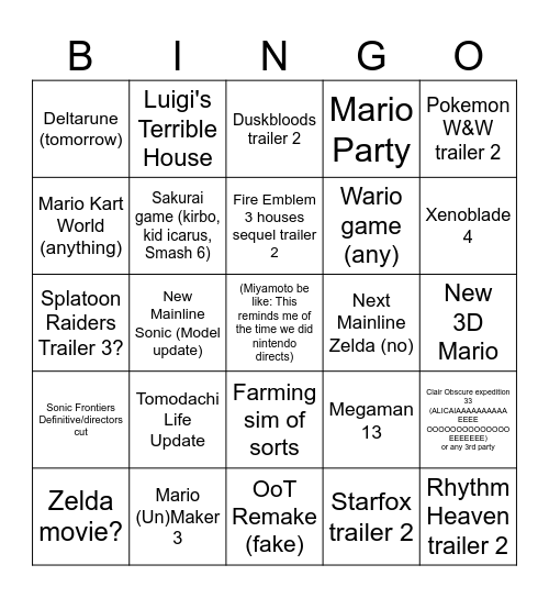 Nintendo Direct after 5 years Bingo Card
