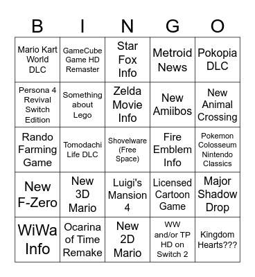 Nintendo Direct 6/9/26 Bingo Card