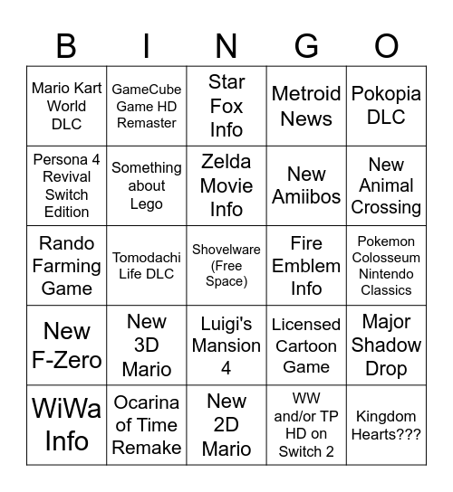Nintendo Direct 6/9/26 Bingo Card