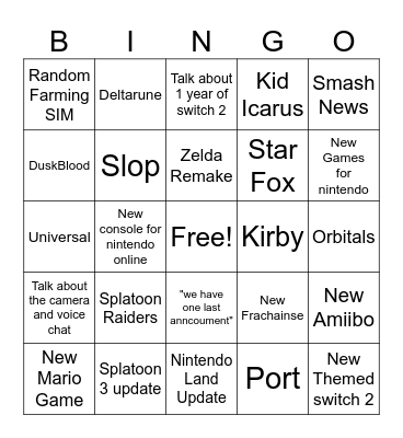 Nintendo Direct Bingo Card
