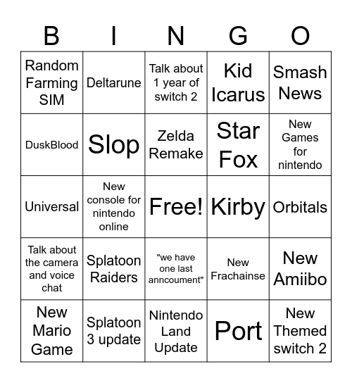 Nintendo Direct Bingo Card