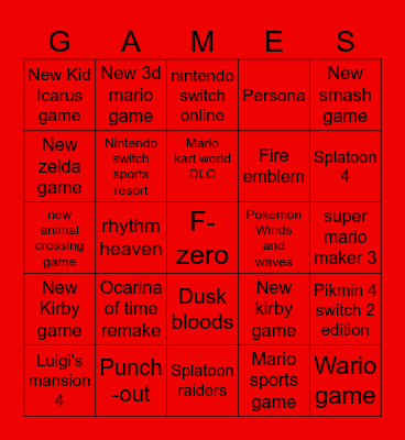 Nintendo Direct Bingo Card