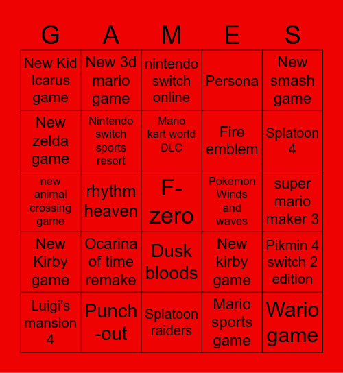 Nintendo Direct Bingo Card