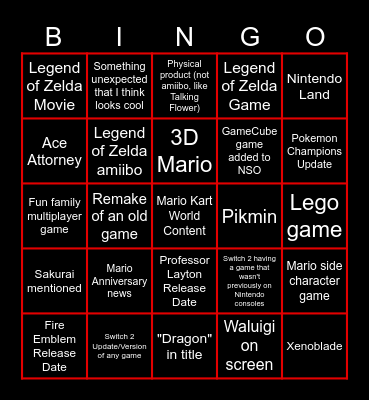 Nintendo Direct June 2026 Bingo Card