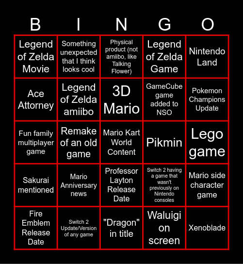 Nintendo Direct June 2026 Bingo Card