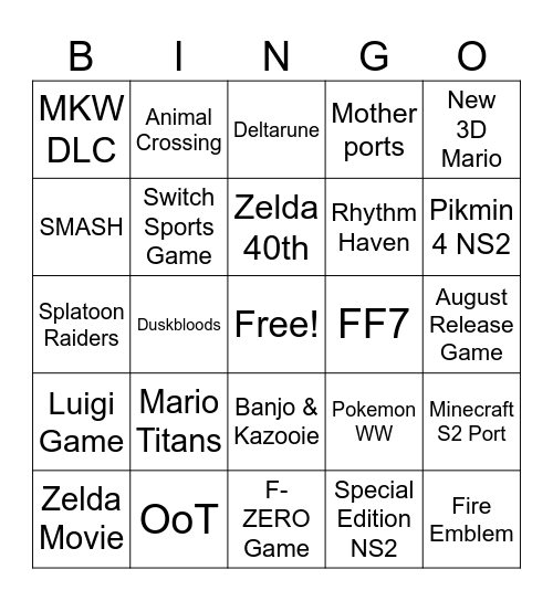 Nintendo Direct Bingo Card