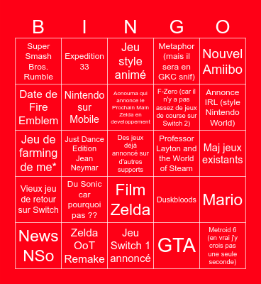 March 27 Nintendo Direct Bingo Card