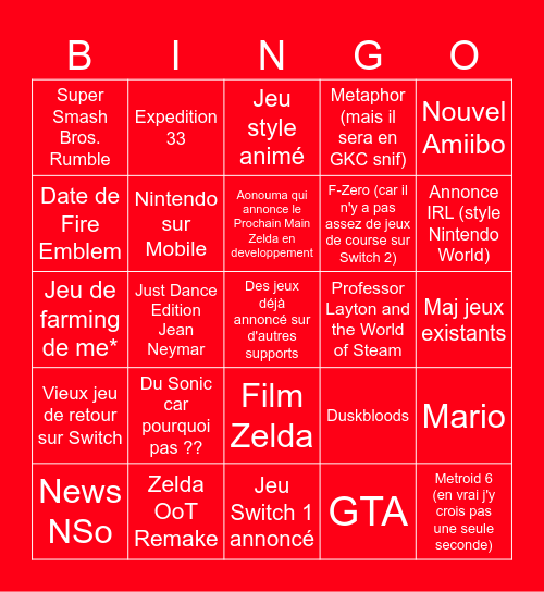 March 27 Nintendo Direct Bingo Card