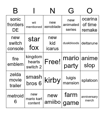nintendo direct Bingo Card