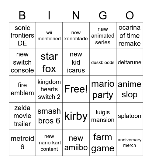 nintendo direct Bingo Card