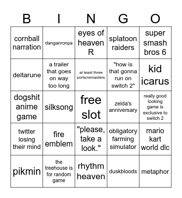 Nintendo Direct 6/8 Bingo Card