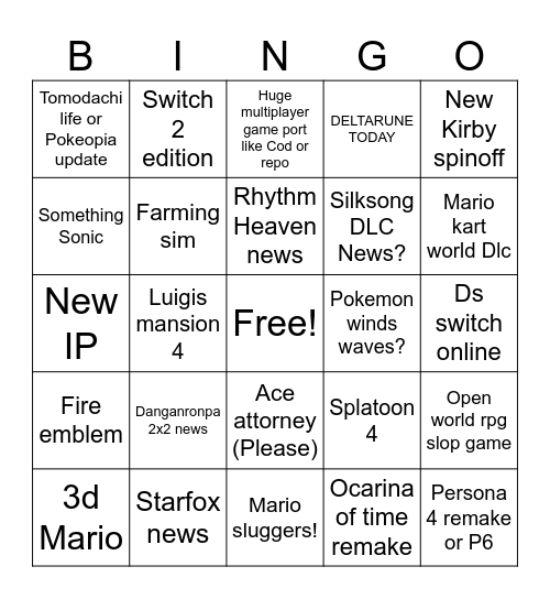 June 9th Nintendo Direct Bingo Card