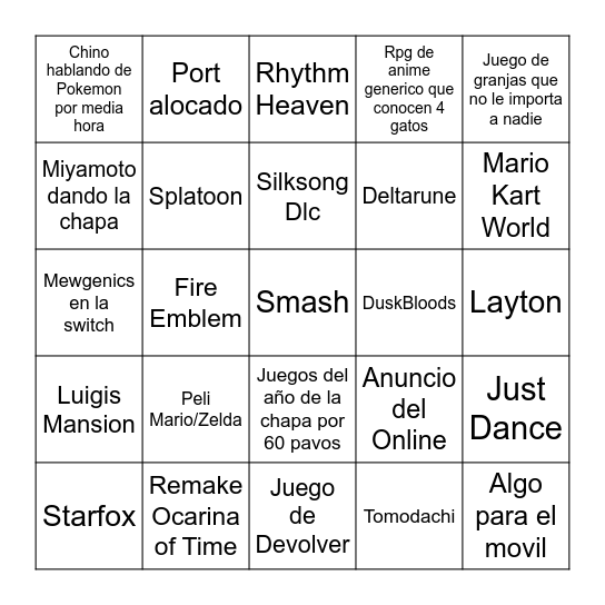 Nintendo Direct Bingo Card