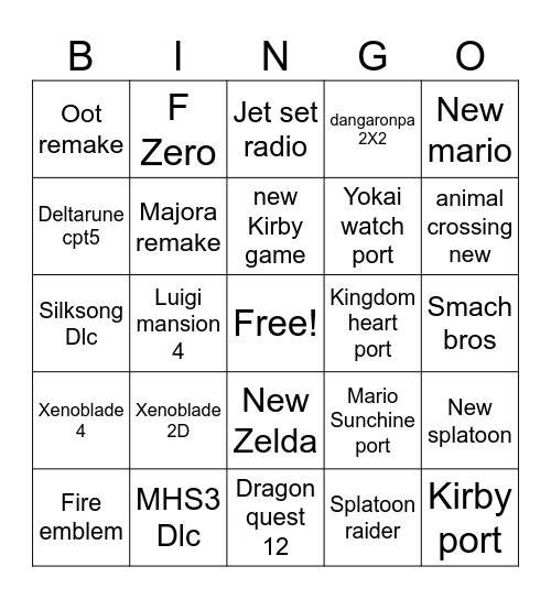 Nintendo Direct Bingo Card