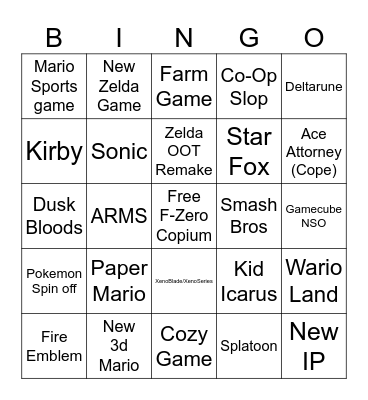 Nintendo Prediction Bingo Card