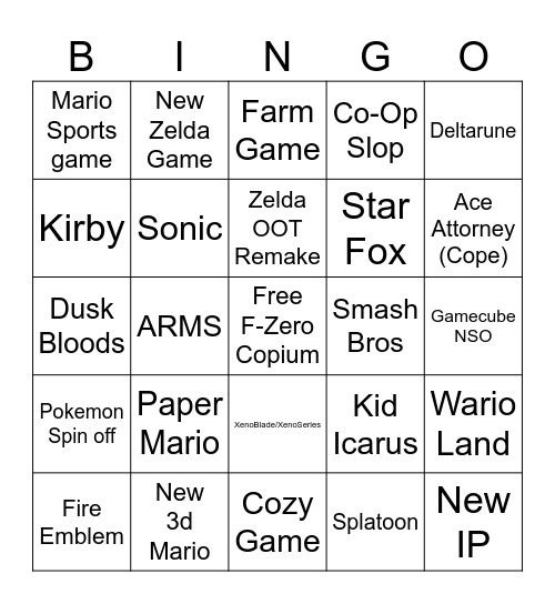 Nintendo Prediction Bingo Card