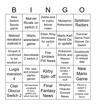 Nintendo Bingo Card