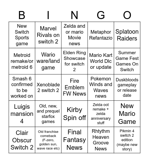 Nintendo Bingo Card
