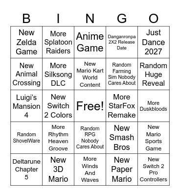Nintendo Direct Bingo Card