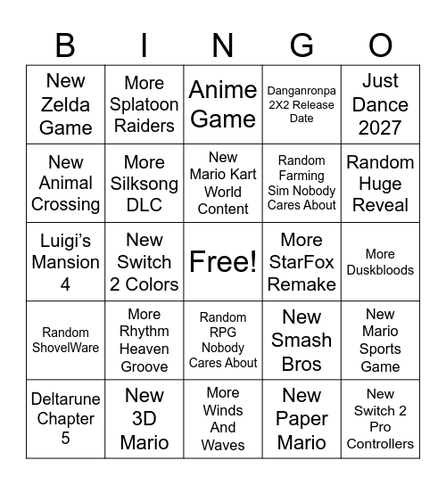Nintendo Direct Bingo Card