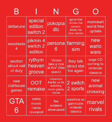 nintendo direct predictions bingo 2026/06/09 Bingo Card