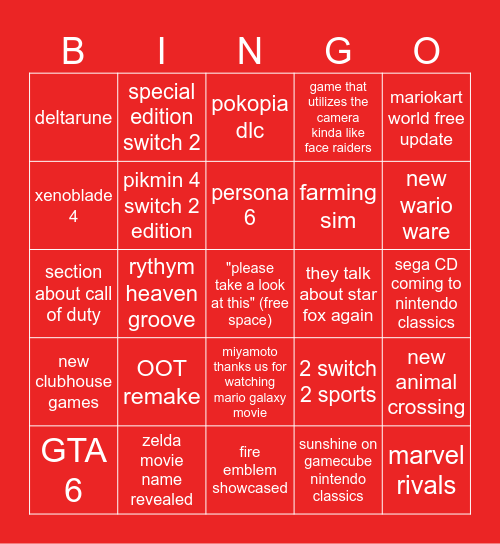nintendo direct predictions bingo 2026/06/09 Bingo Card
