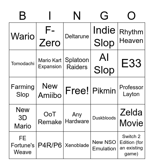 Nintendo Direct 6/9/26 Bingo Card