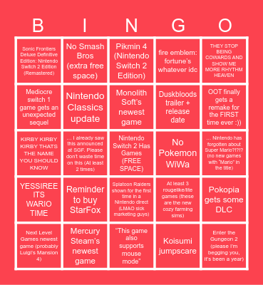 6/9/2026 Nintendo Direct Bingo Card